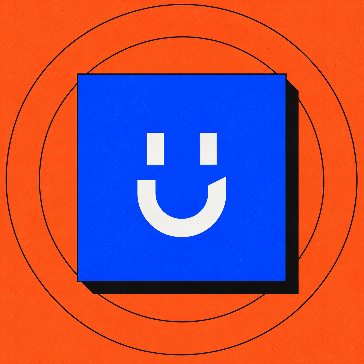 UNTILO U-shaped smile on a blue square, surrounded by orbital lines on an orange background